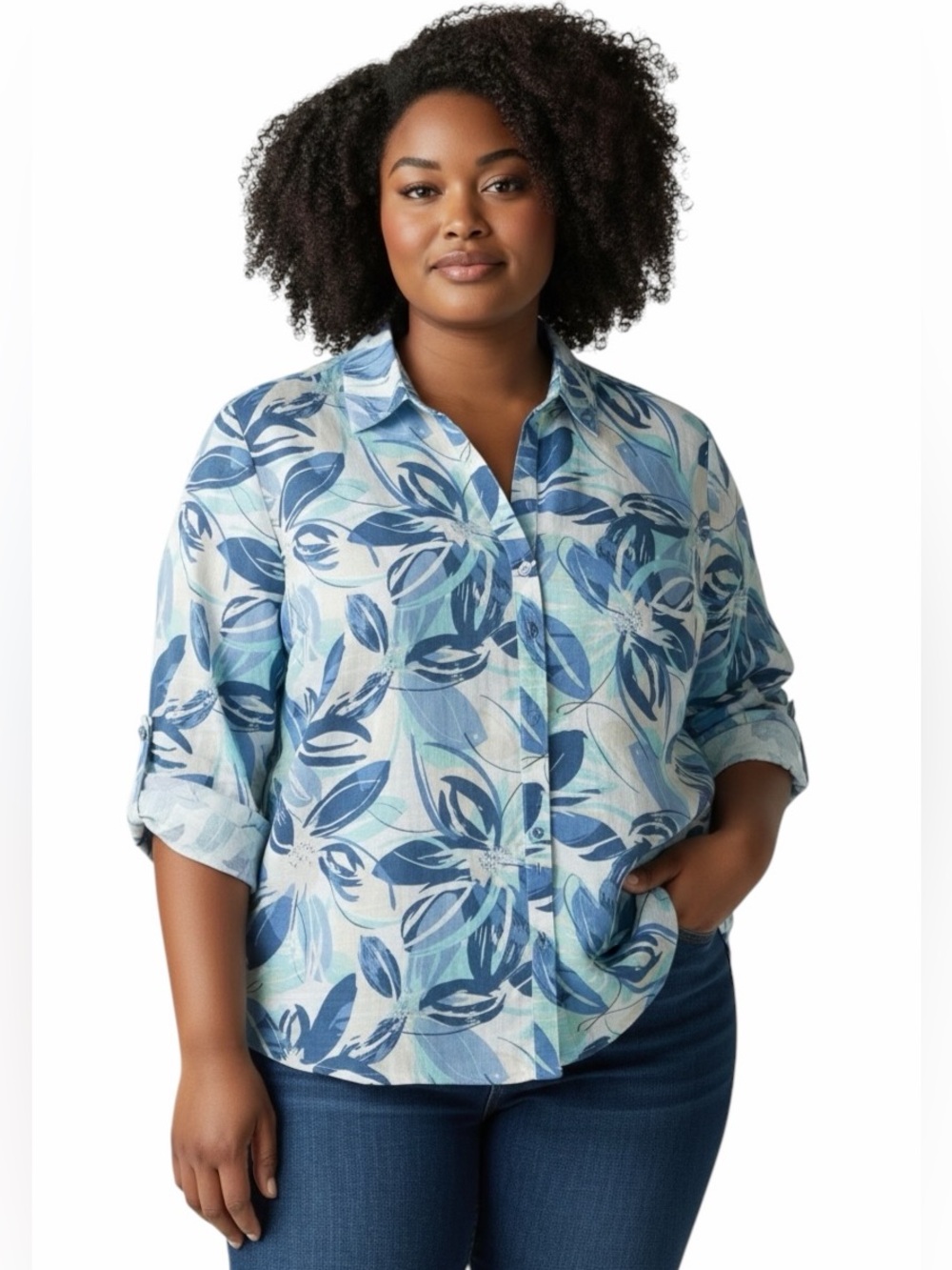JM Collection•Linen Watercolor Floral Print Button Down Shirt